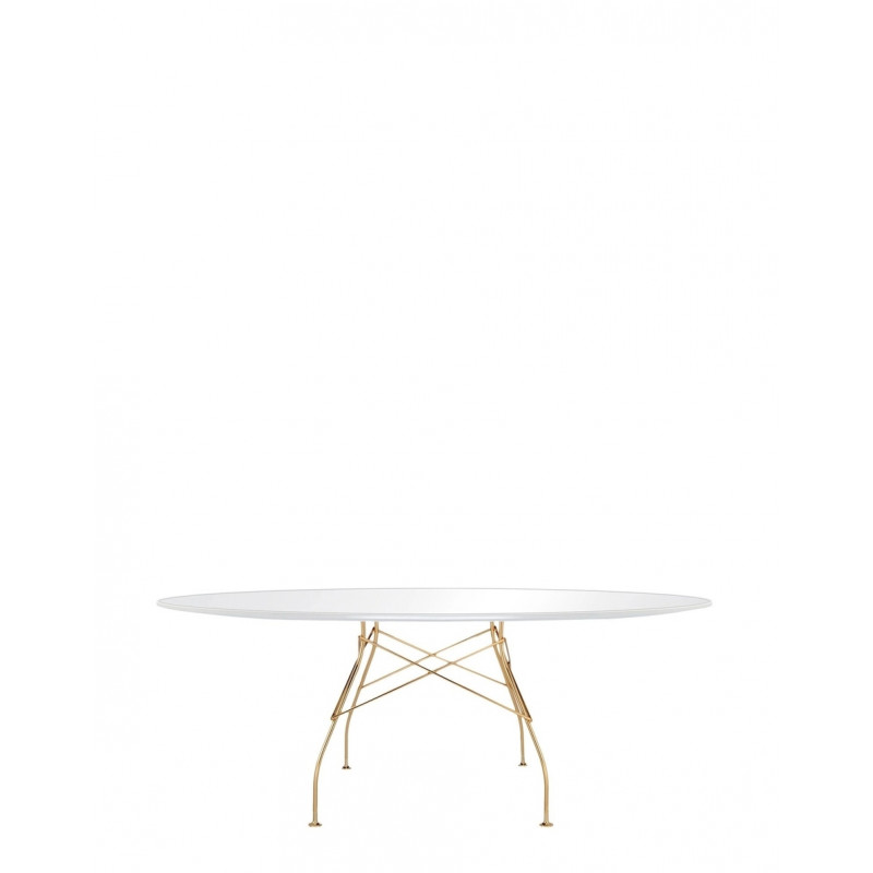 Table Glossy / plateau ovale en verre / structure doré
